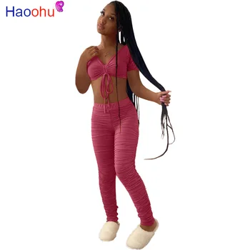 HAOOHU Модерен уличен женски комплект Дрехи, Скъсяване на блузи и панталони с рюшами, комплект от две части, Спортни дрехи, Спортно облекло