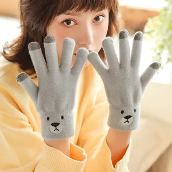 Корейската Версия Хубава Дебела Мечка, Дамски Зимни Възли Вълнени топли студентски ръкавици за езда със Сензорен екран и пет пръста
